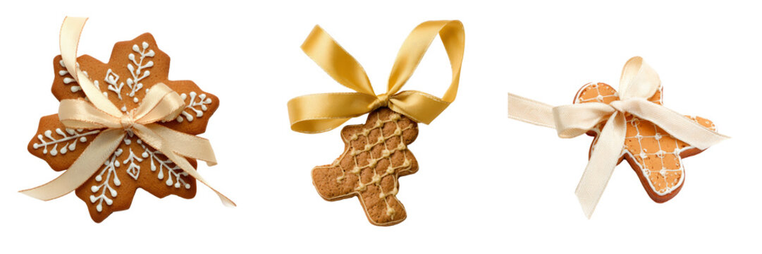 Delicious gingerbread cookies with ribbons transparent background festive holiday decor
