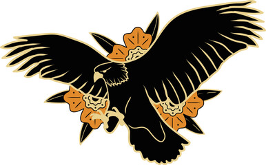 Obraz premium Stylized Black Eagle with Orange Flowers in Traditional Tattoo Style.