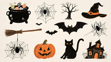 A halloween cauldron spider web witch hat broom bat pumpkin black cat haunted house spooky tree festive