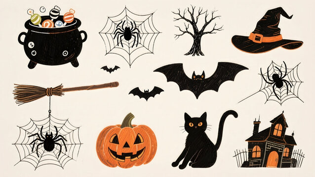 A halloween cauldron spider web witch hat broom bat pumpkin black cat haunted house spooky tree festive