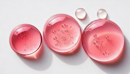 Drops of rose essential oil on a white background. Basic ingredients in skincare or haircare cosmetics like niacinamide, omega-3, retinol, biotin, keratin, lipids, ceramides, collagen, etc