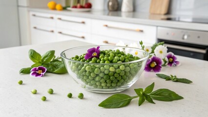 Fresh green peas and herbs arranged aesthetically in a bright kitchen.