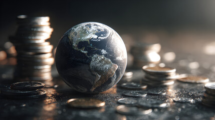 Earth egg surrounded by stacks of coins representing global finance and investment