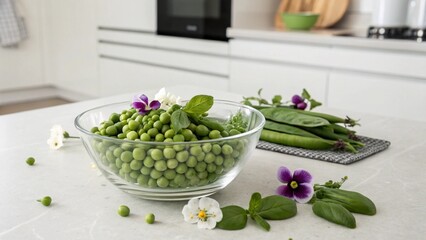 Fresh green peas and herbs arranged aesthetically in a bright kitchen.