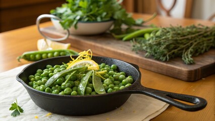 Fresh green peas and herbs arranged aesthetically in a bright kitchen.