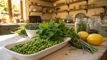 Fresh green peas and herbs arranged aesthetically in a bright kitchen.