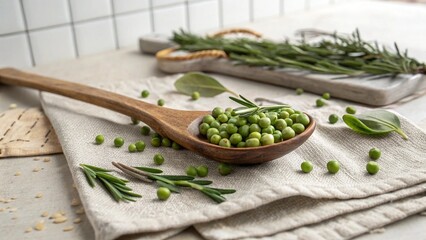 Fresh green peas and herbs arranged aesthetically in a bright kitchen.