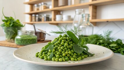 Fresh green peas and herbs arranged aesthetically in a bright kitchen.