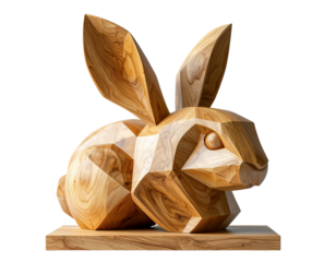 Minimalist Geometric Wooden Rabbit Sculpture, Smooth Light Wood, Front View, Isolated on Transparent Background