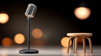 Vintage microphone and wooden stool in spotlight with warm bokeh background