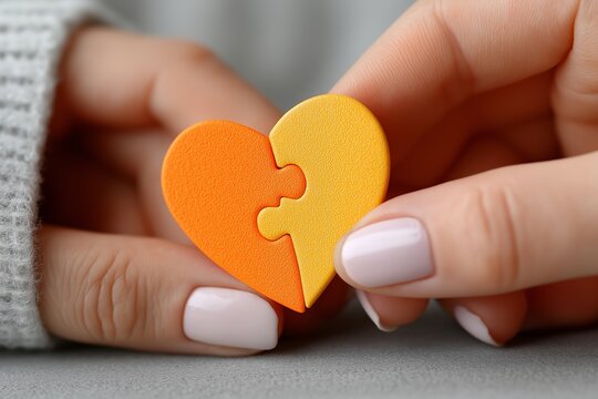 Close-up of hands holding colorful puzzle heart symbolizing connection and unity
