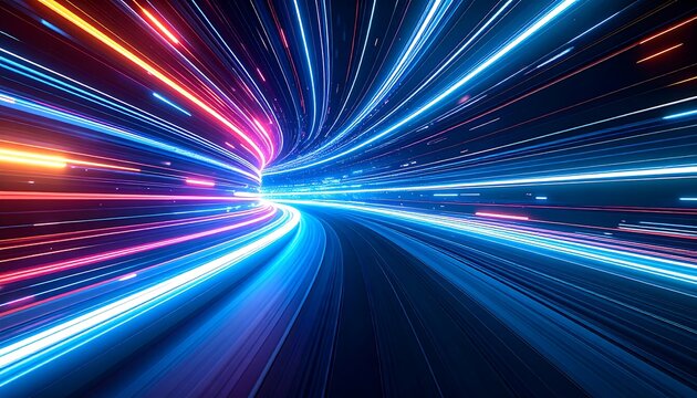 A vibrant, tunnel-like digital illustration featuring streaks of red, orange, and blue light creating a sense of speed and motion