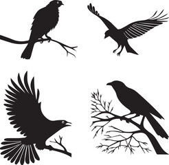 A set of four bird silhouettes perched on tree branches.