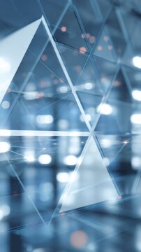 A photo of a clear and simple information technology pany or design in the background, featuring blue triangles
