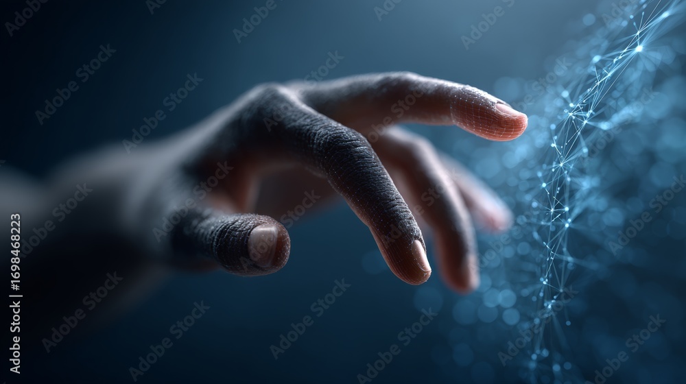 Poster human hand extending toward luminous network of interconnected digital nodes, representing advanced 
