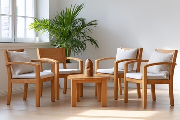 Fototapeta premium Modern wooden chair set with cushions in bright room featuring potted palm and minimalist design