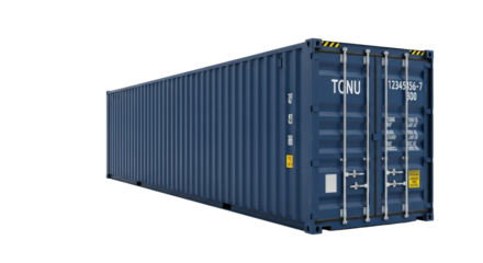 A dark blue cargo shipping container with white ID & yellow caution labels, isolated on a transparent background with copy space, studio light, concept of global logistics