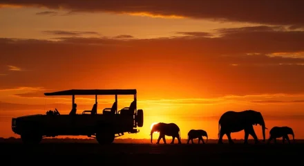 Acrylglasbilder Sonnenuntergang Experience wild Africa with majestic elephants and safari jeep at golden sunset  © Saif