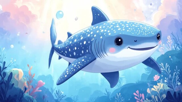 Cute cartoon whale shark swimming in a bright blue ocean with coral and bubbles.