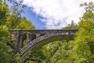 Fototapeta premium arched stone railway bridge surrounded by lush greenery. old stone arch bridge, vibrant greenery, bright blue sky. Vingar Bridge, Vintgar