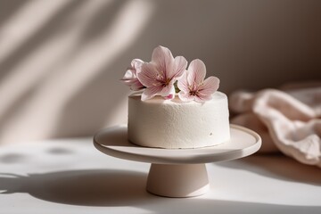 Elegant white cake with pink flowers on minimalist stand in soft light