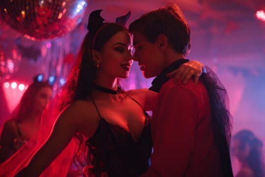 A couple enjoys an intimate dance at a Halloween party, surrounded by vibrant lights and festive decorations. The atmosphere is magical and playful as guests mingle around