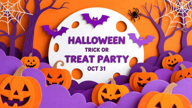 A halloween pumpkin bat spider tree web orange purple paper art party invitation festive october 31