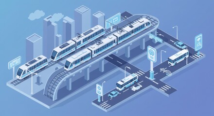Isometric Transportation Network with Blue Trains and Cityscape