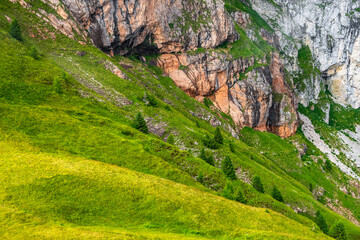 close up view of green hill on rocky mountains backdrop. clean empty alpine nature landscape. environmental background. wild nature background