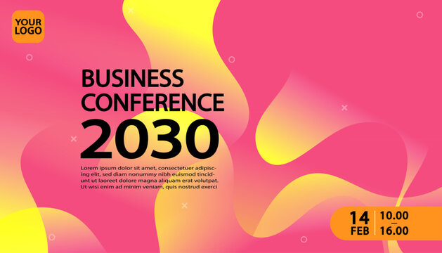 Fluid pink and yellow gradient waves form a vibrant background for a business conference banner. This modern, abstract design is ideal for promoting tech or creative industry events.