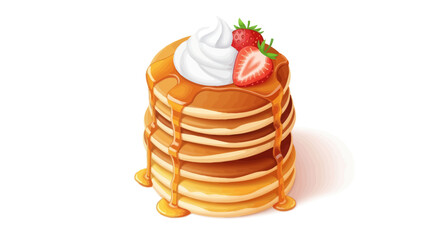 Delicious Stack of Golden Pancakes with Syrup, Whipped Cream, and Fresh Strawberry Topping.