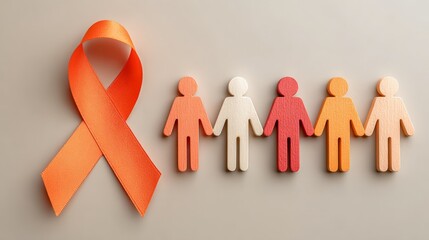 Orange ribbon with diverse paper cut-out figures for leukemia awareness