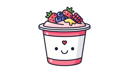 Cute Cartoon Yogurt Cup with Fresh Berries and Smiling Face.