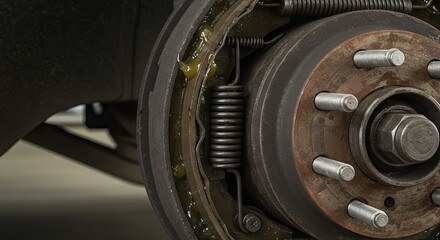A closeup view of a drum brake assembly reveals springs grease and rusted metal components showcasing the inner workings