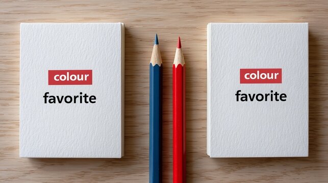 Uk vs. us spelling: colour and favorite with red and blue pencils on wood background