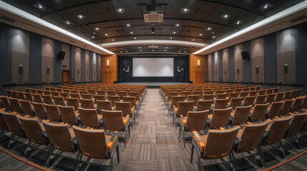 Naklejka premium empty office auditorium. Rows of comfortable chairs face a large stage and a presentation screen. The lighting is professional, and the atmosphere is formal