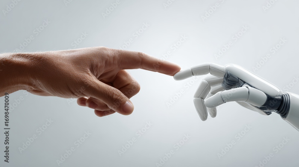 Poster human and robot hands almost touching index fingers symbolize connection between humanity and ai, re