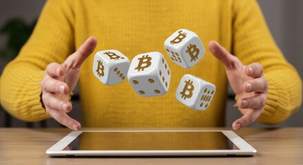 Digital currency gambling concept with Bitcoin dice hovering above a tablet