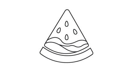 Fototapeta premium Monochrome line art icon of a triangular watermelon slice with seeds and rind.