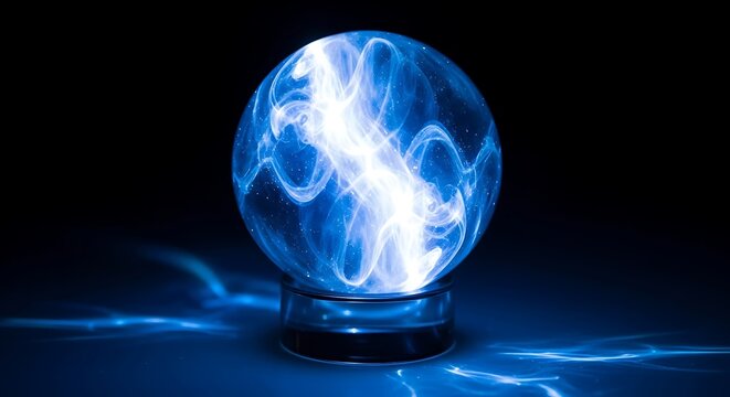 Blue Luminous Crystal Orb with Swirling Electric Energy on Glass Base.