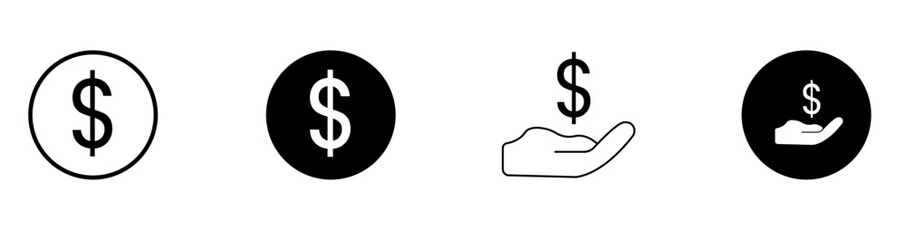 Obraz premium Vector art of dollar sign icon in four variations circle outline, solid circle, hand holding dollar, and hand holding dollar in circle