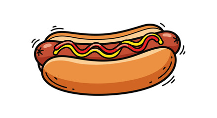 Cartoon Hot Dog with Ketchup and Mustard in a Bun.