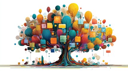 Colorful tree with diverse shapes and objects hanging from its branches