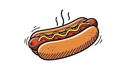 Steaming cartoon hot dog with mustard and ketchup in a bun.