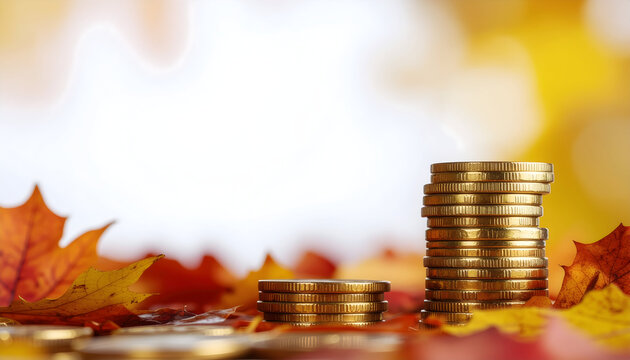 Autumnal Finances: A golden glimmer of coins amid vibrant autumn leaves evokes a sense of seasonal wealth and prosperity. It's a beautiful visual metaphor for financial growth, investment.