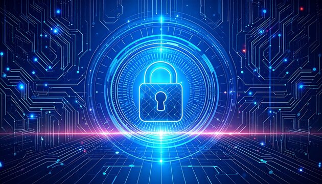 Glowing blue padlock sits in a digital circuit; security concept - Powered by Adobe