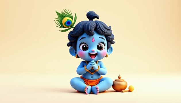 3D Cute Baby Krishna with Butter Pot and Flute - Cartoon Style Illustration