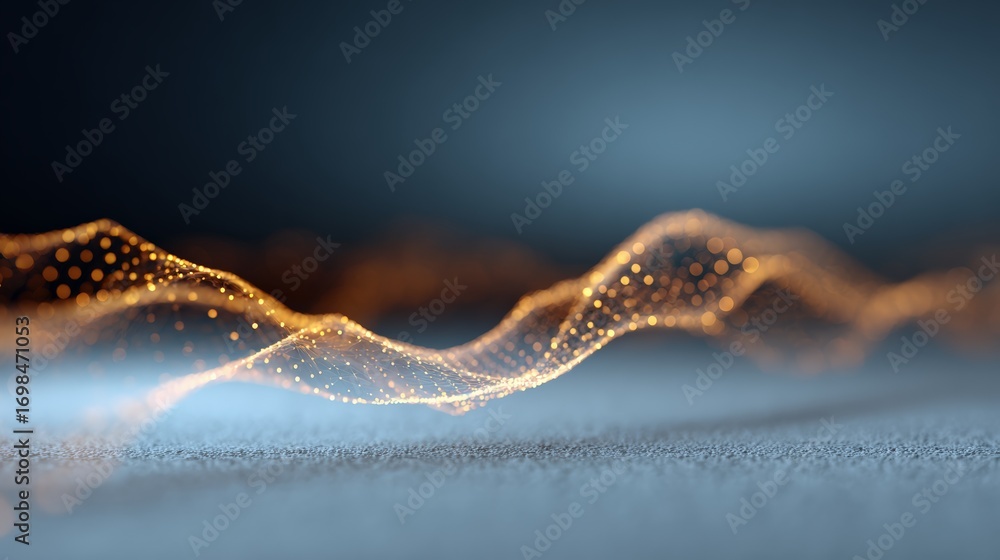 Poster luminous golden particles swirling dynamically, visualizing digital ai energy cascading through tech