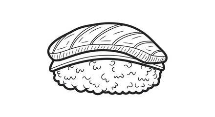 Nigiri Sushi with Salmon Topping, Hand-Drawn Style, Black and White Illustration.