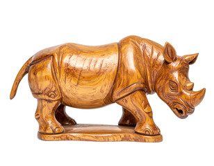 Minimalist Geometric Wooden Rhino Sculpture with Smooth Polished Finish, Front View, Isolated on Transparent Background